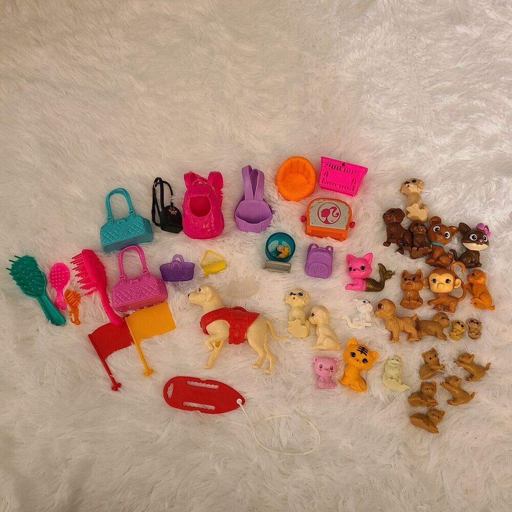 Barbie Doll Pet And Accessories Lot Pet Carrier Puppy Bed + More Dog Cat Monkey